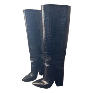 Paris Texas Black Croc-Embossed Heeled Boots